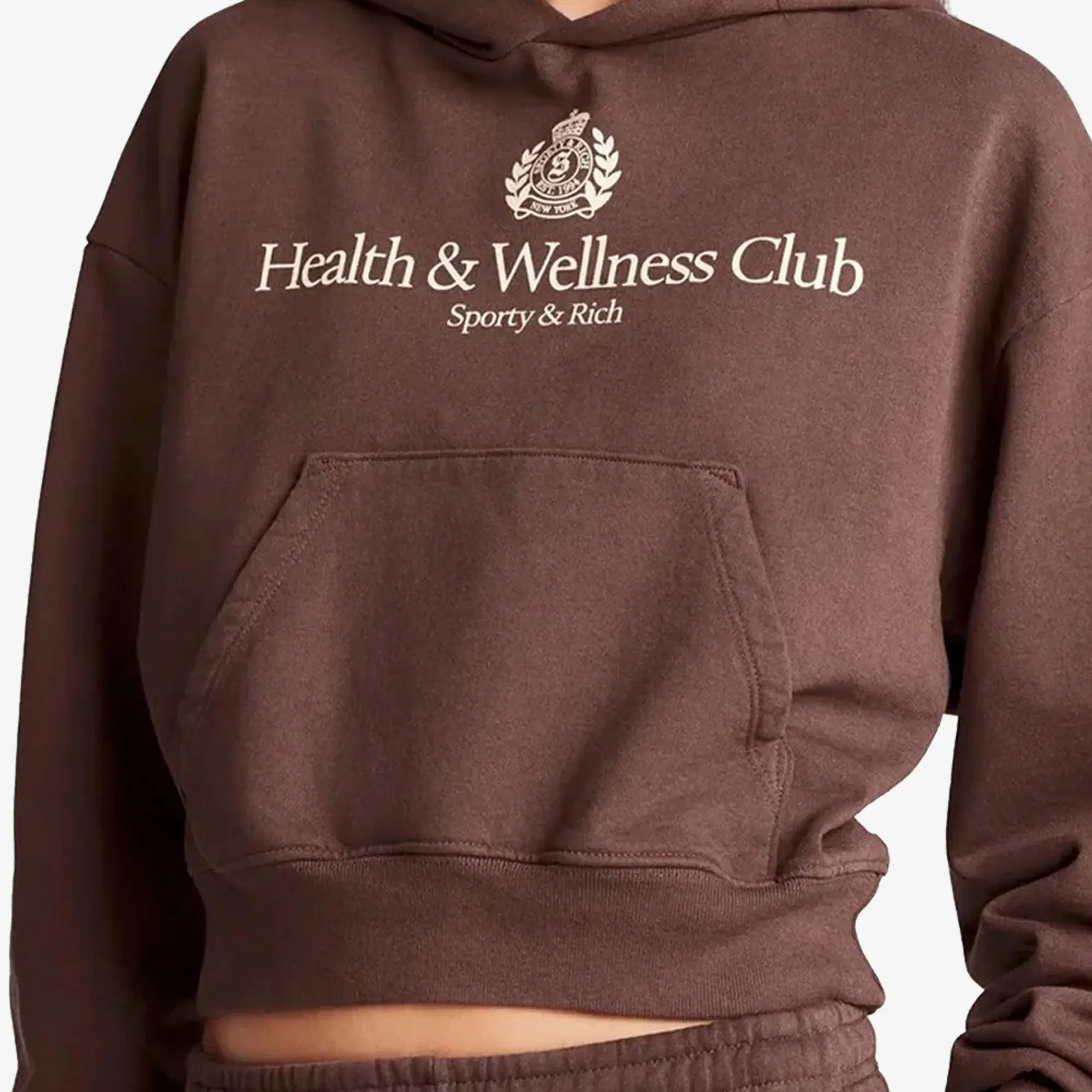 SPORTY & RICH H&W CREST CROPPED HOODIE { BROWN