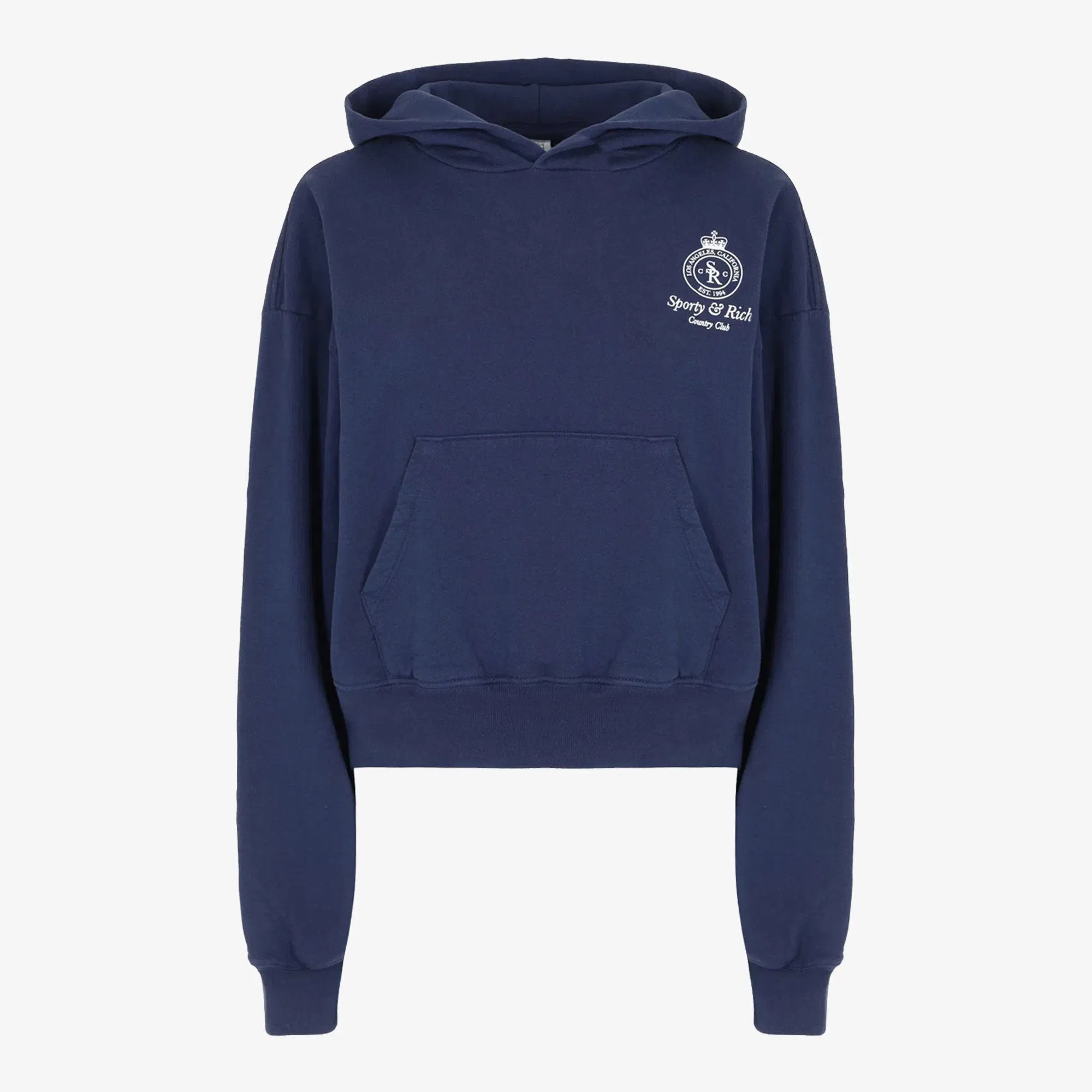 SPORTY & RICH CROWN LOGO CROPPED HOODIE { NAVY/WHITE
