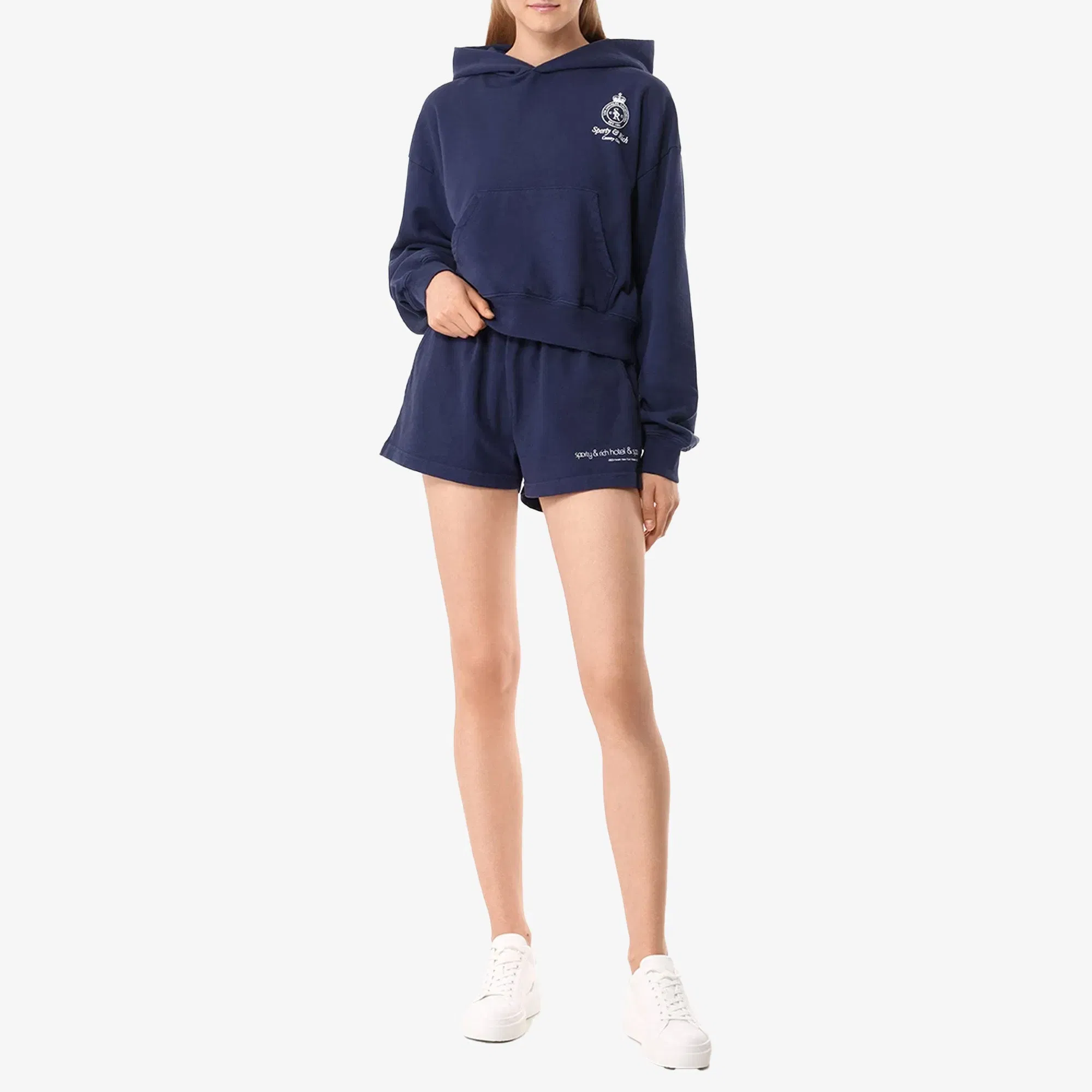 SPORTY & RICH CROWN LOGO CROPPED HOODIE { NAVY/WHITE