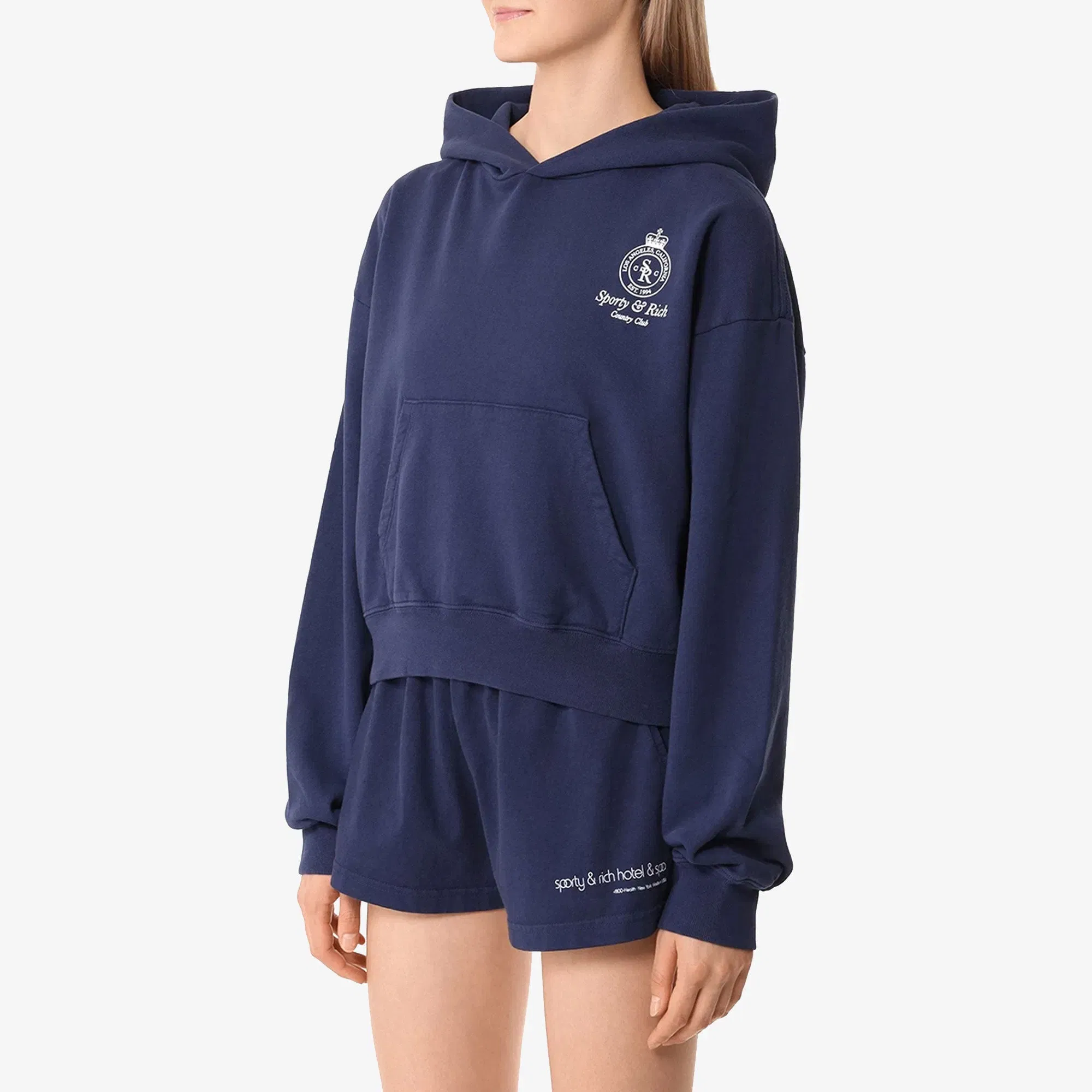 SPORTY & RICH CROWN LOGO CROPPED HOODIE { NAVY/WHITE