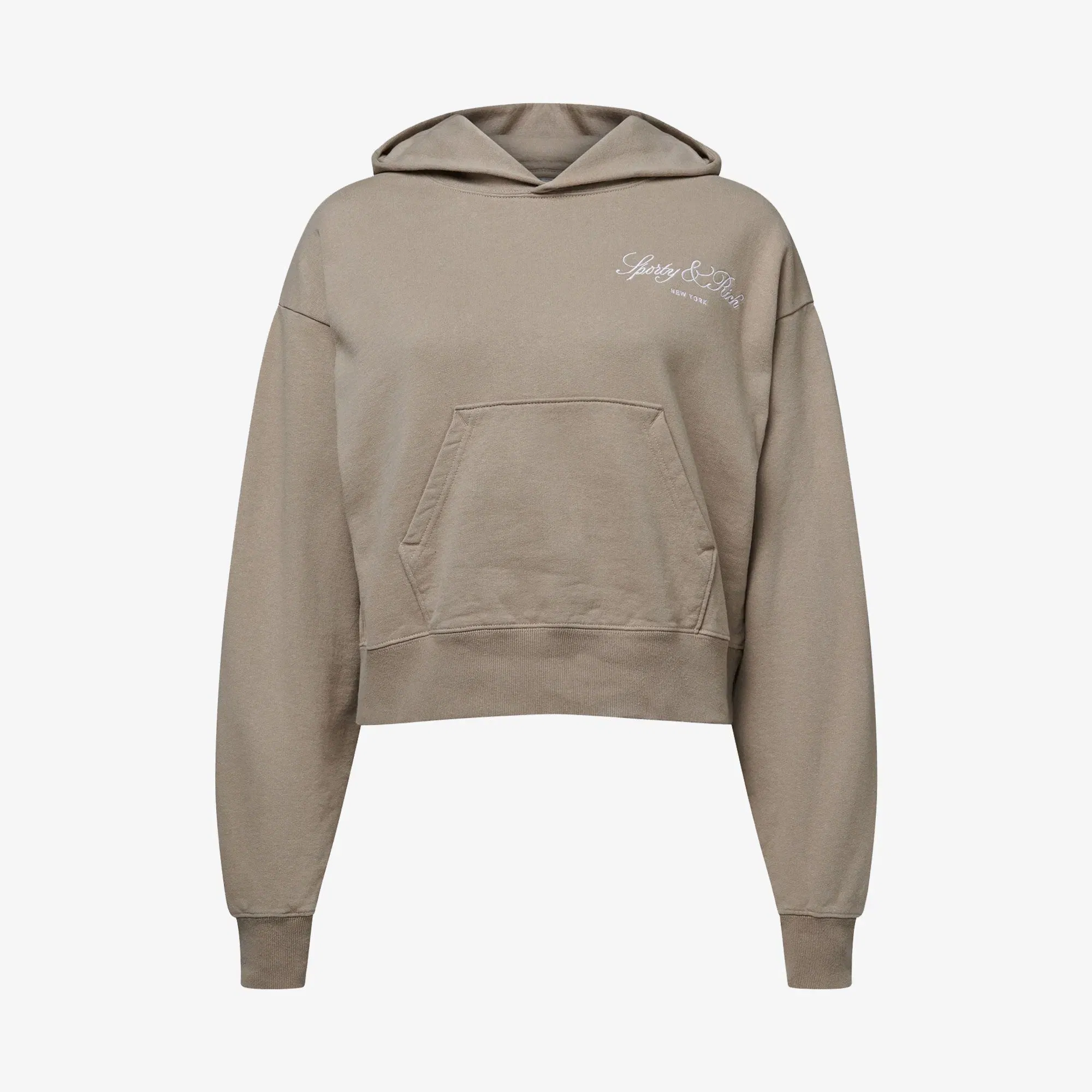 SPORTY & RICH VENDOME SCRIPT EMBROIDERED CROPPED HOODIE { BEIGE