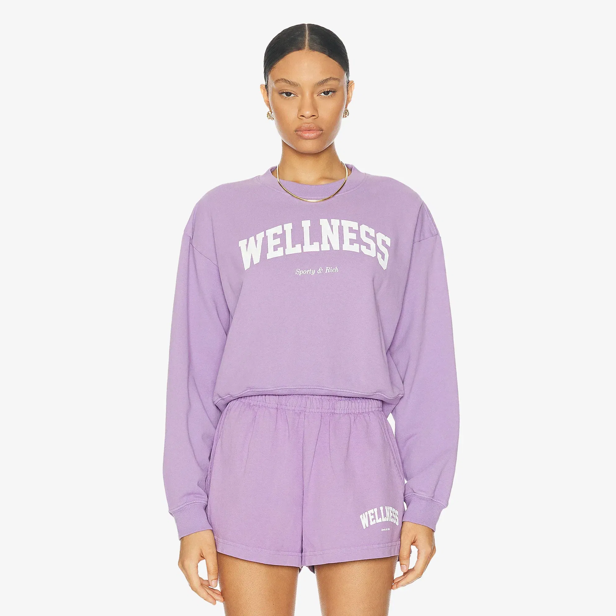 SPORTY & RICH WELLNESS IVY CROPPED CREWNECK { VIOLET/WHITE