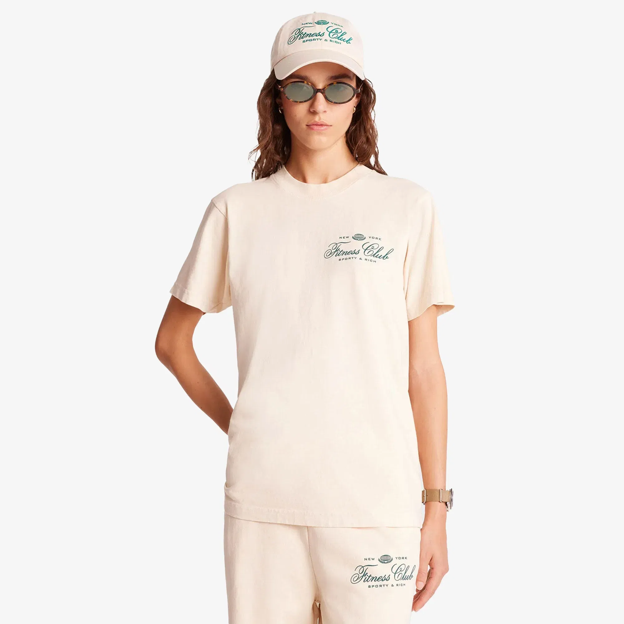 SPORTY & RICH FITNESS WORLD T-SHIRT { CREAM/ALPINE