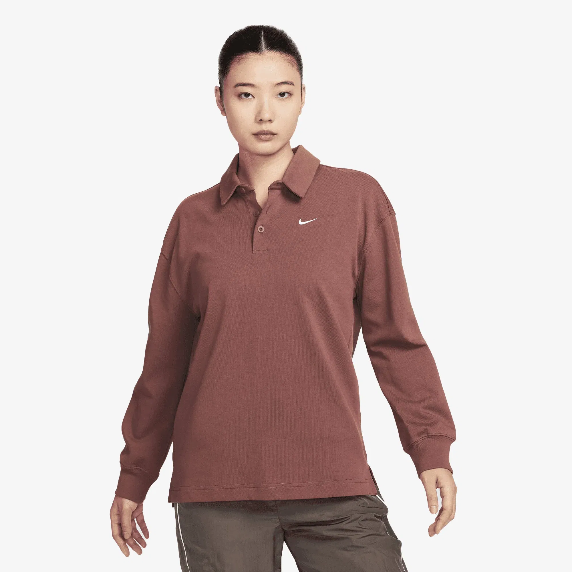 NIKE OVERSIZED LONG-SLEEVE POLO { RED SEPIA/SAIL