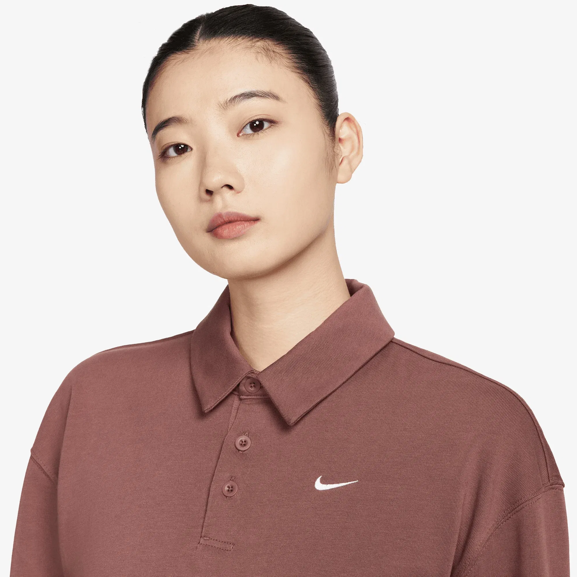 NIKE OVERSIZED LONG-SLEEVE POLO { RED SEPIA/SAIL