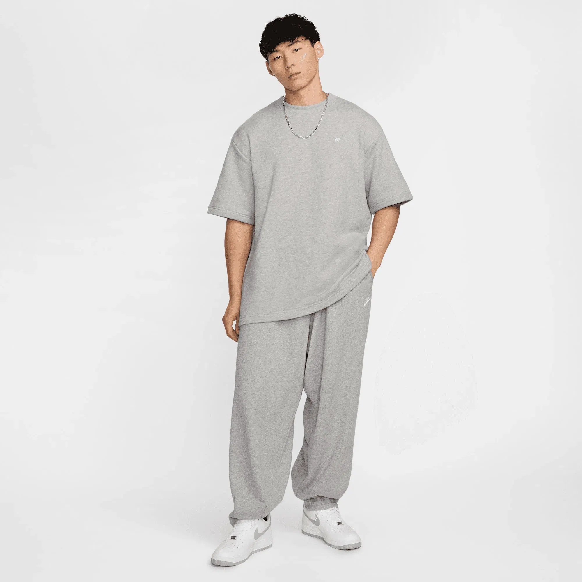 NIKE SPORTSWEAR FRENCH TERRY SHORT-SLEEVE TOP { DK GREY HEATHER/WHITE