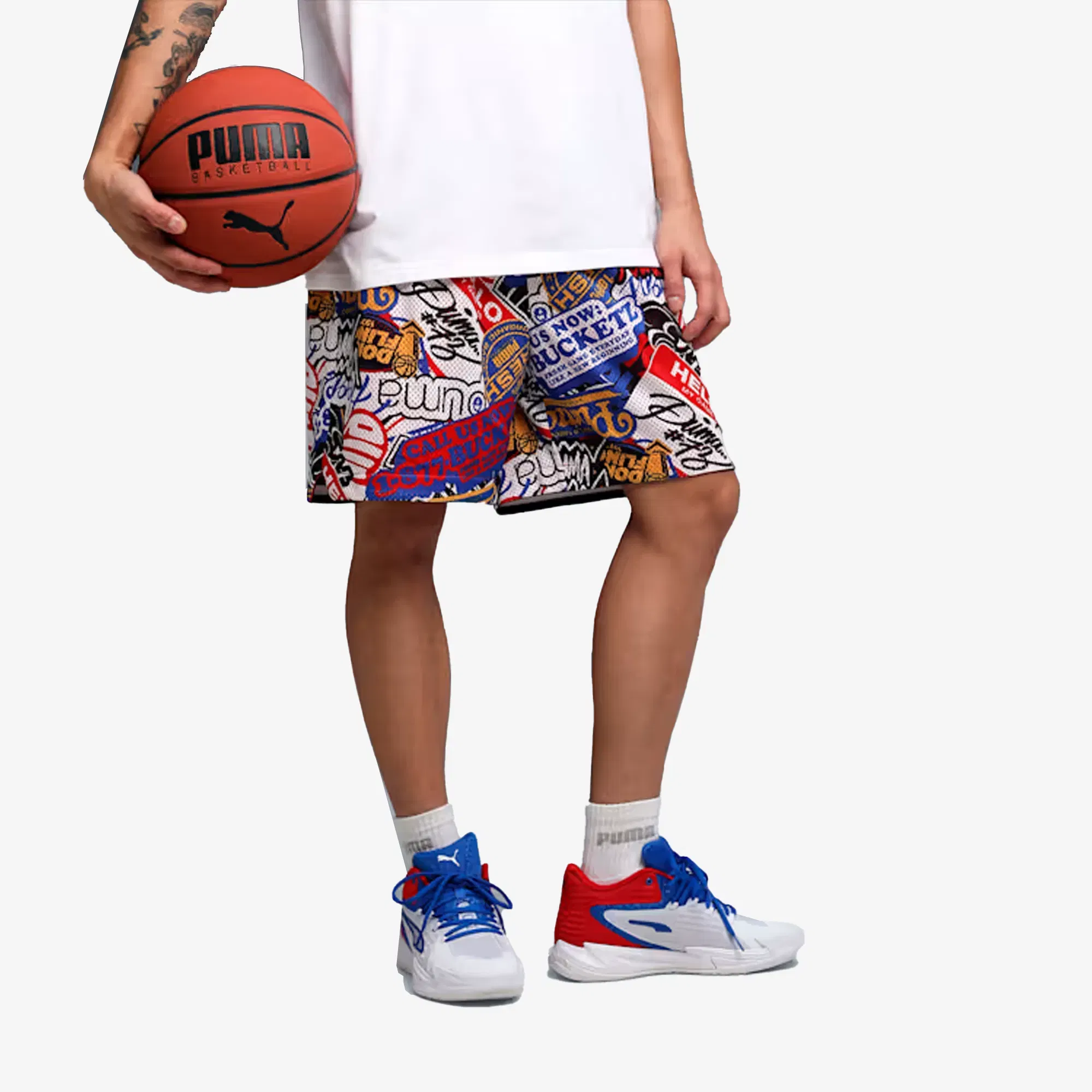 PUMA HOOPERS HOTLINE PRINTED 7" BASKETBALL SHORTS { MULTI