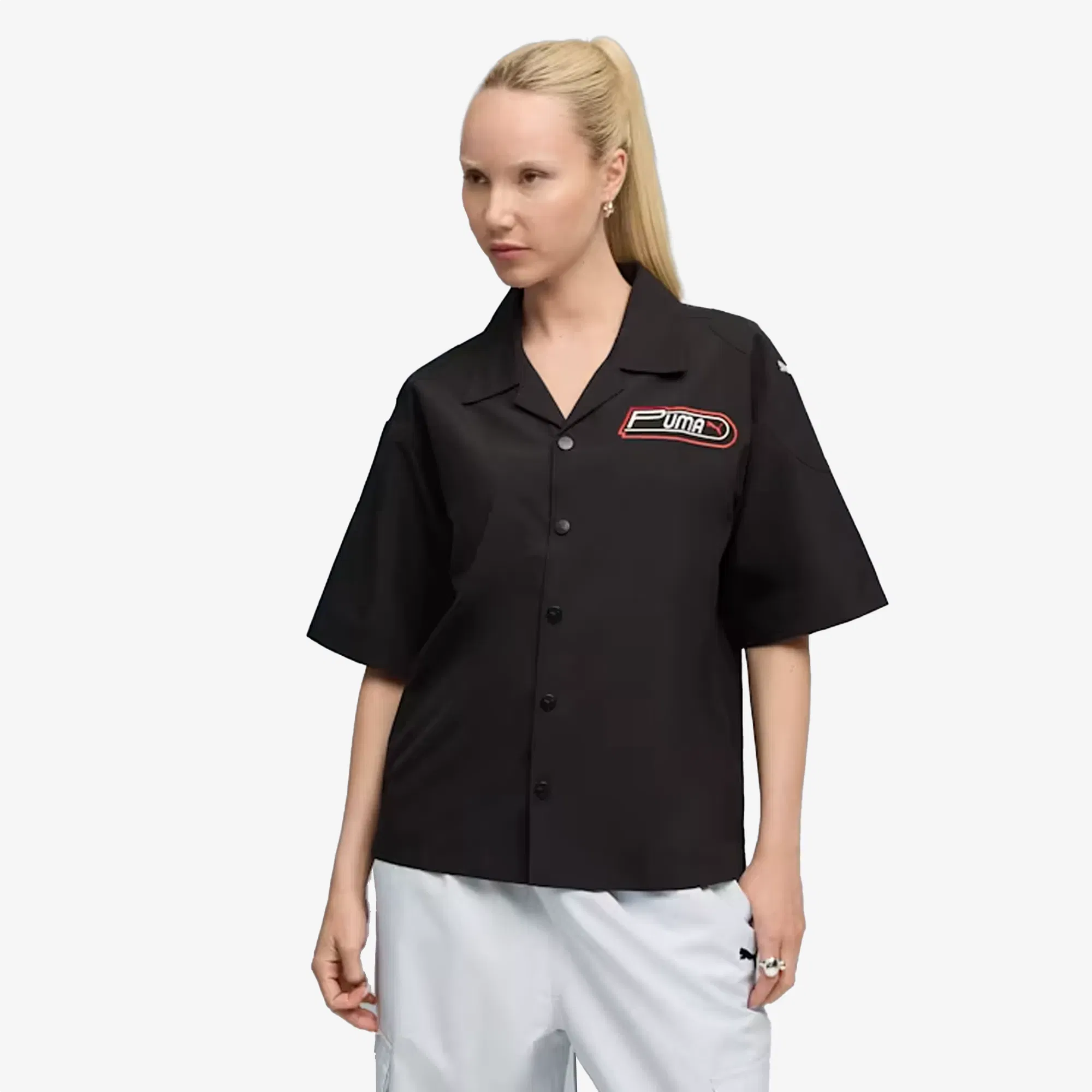 PUMA FUTURE ARCHIVE GRAPHIC EMBROIDERED SHIRT { BLACK