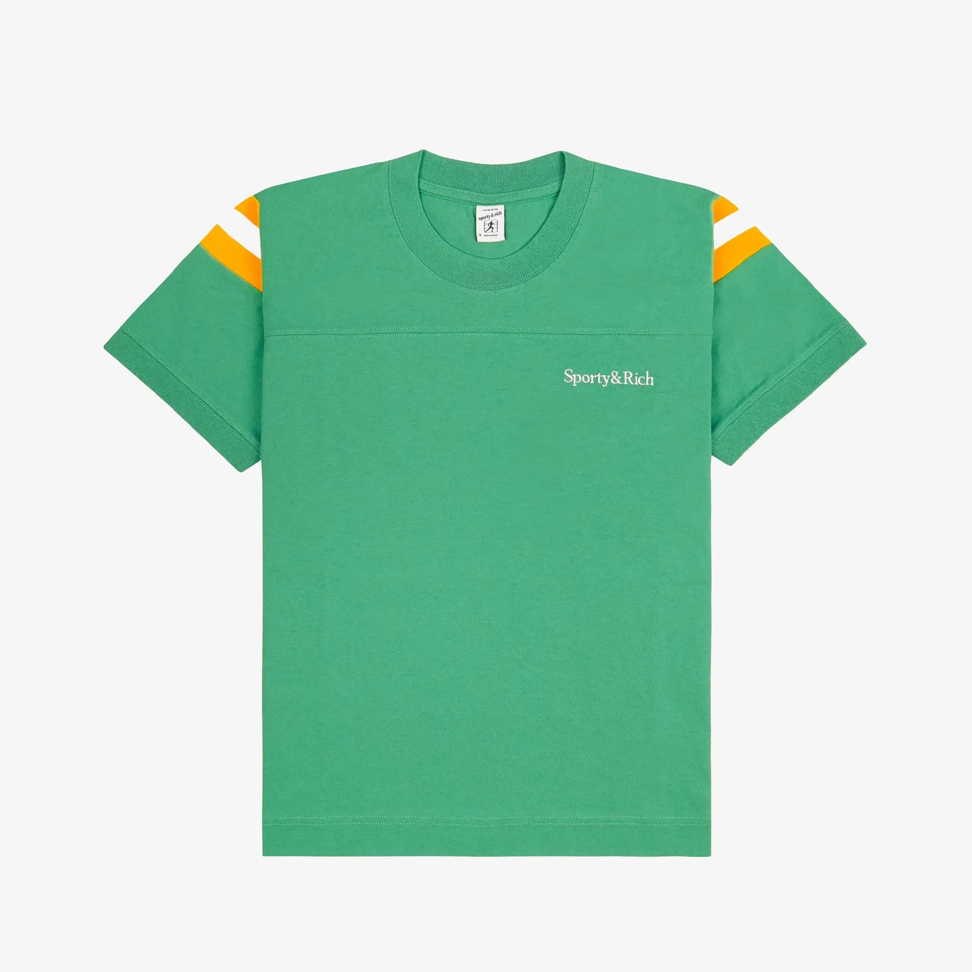 SPORTY & RICH SERIF LOGO FOOTBALL T-Shirt { VERDE/WHITE