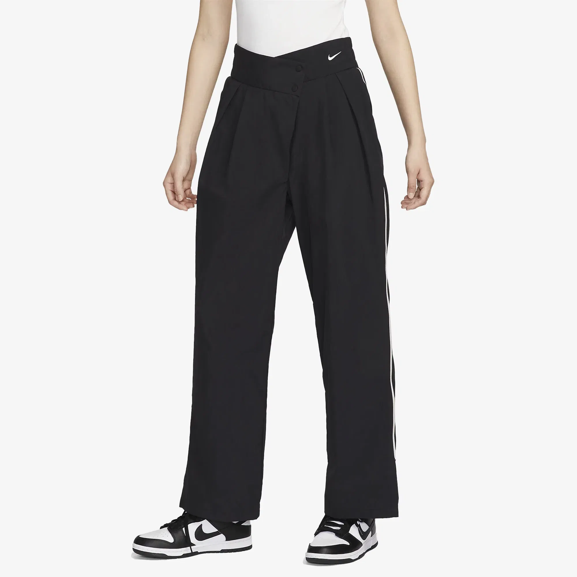 NIKE MID-RISE REPEL ASYMMETRICAL-WAIST TROUSERS { BLACK/LT IRON ORE/WHITE