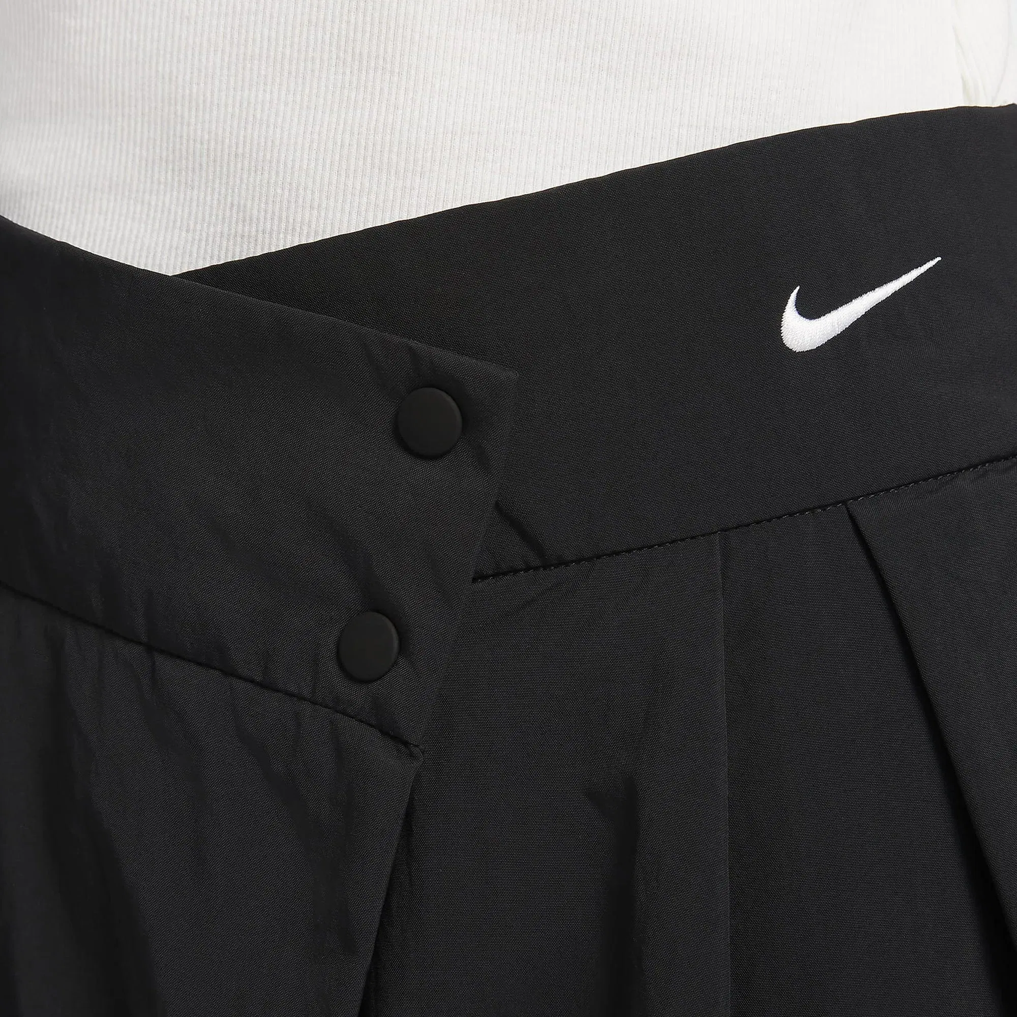 NIKE MID-RISE REPEL ASYMMETRICAL-WAIST TROUSERS { BLACK/LT IRON ORE/WHITE