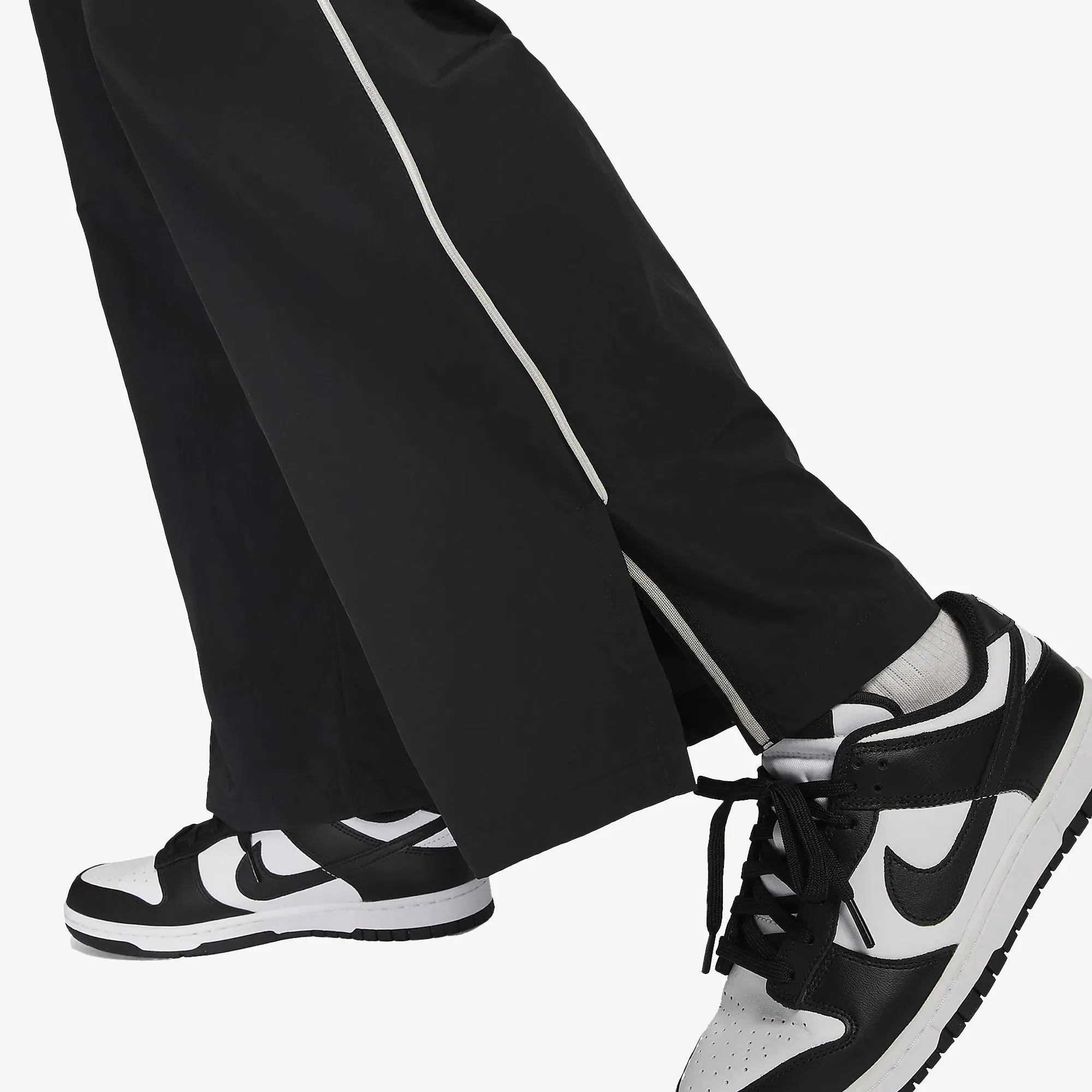 NIKE MID-RISE REPEL ASYMMETRICAL-WAIST TROUSERS { BLACK/LT IRON ORE/WHITE