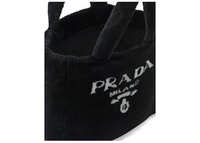Prada Shearling Tote Bag Intarsia Logo Black/White