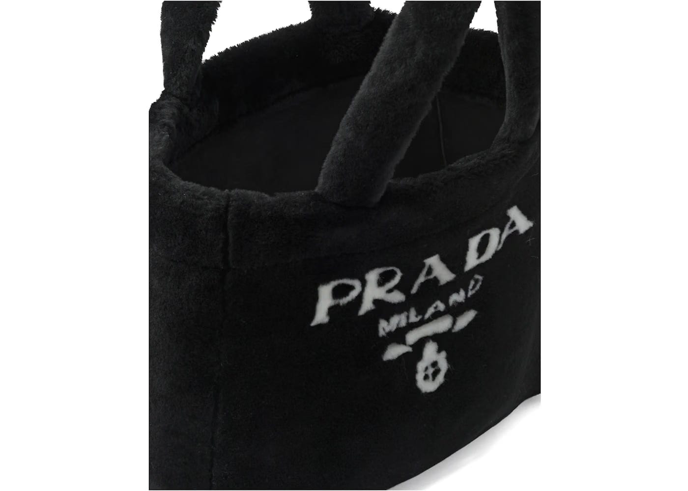Prada Shearling Tote Bag Intarsia Logo Black/White
