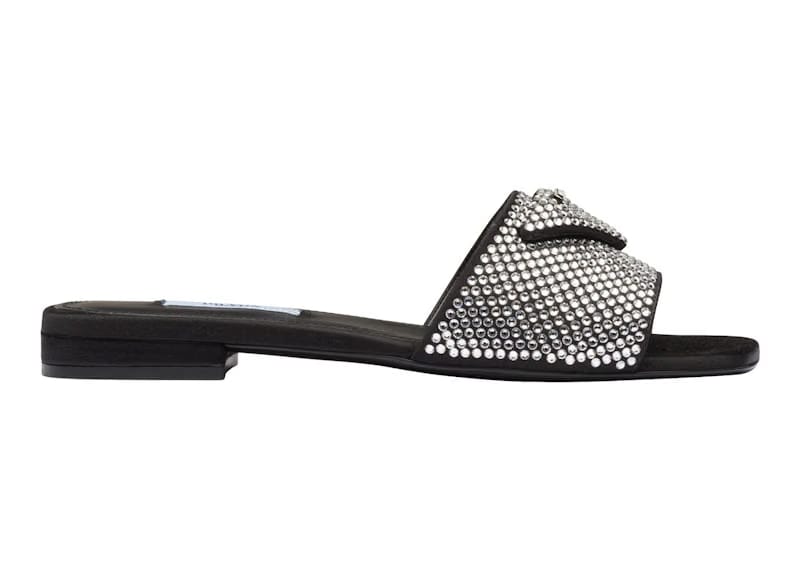 Prada 10mm Crystal Slides Black Satin