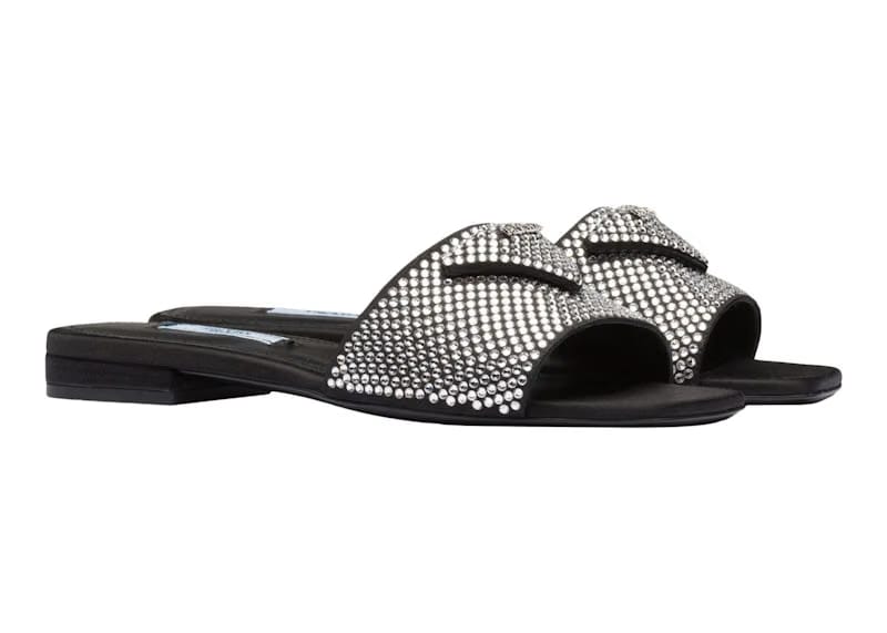 Prada 10mm Crystal Slides Black Satin