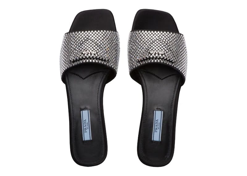 Prada 10mm Crystal Slides Black Satin