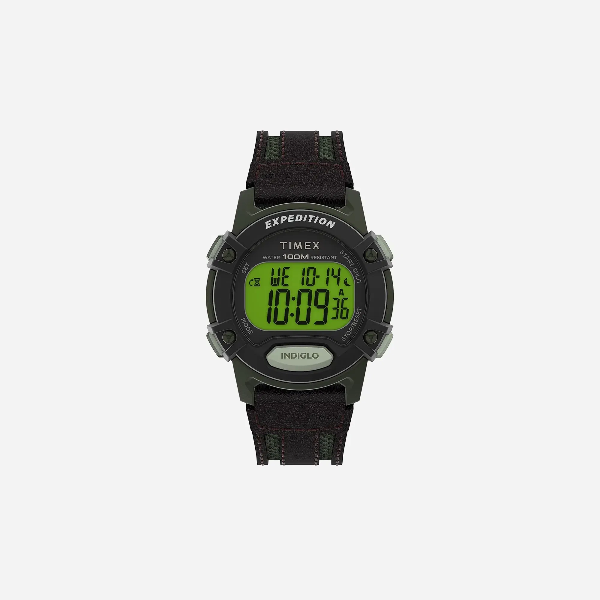 Timex Expedition Digital CAT5 Green Dial Green Brown Leather Strap Watch