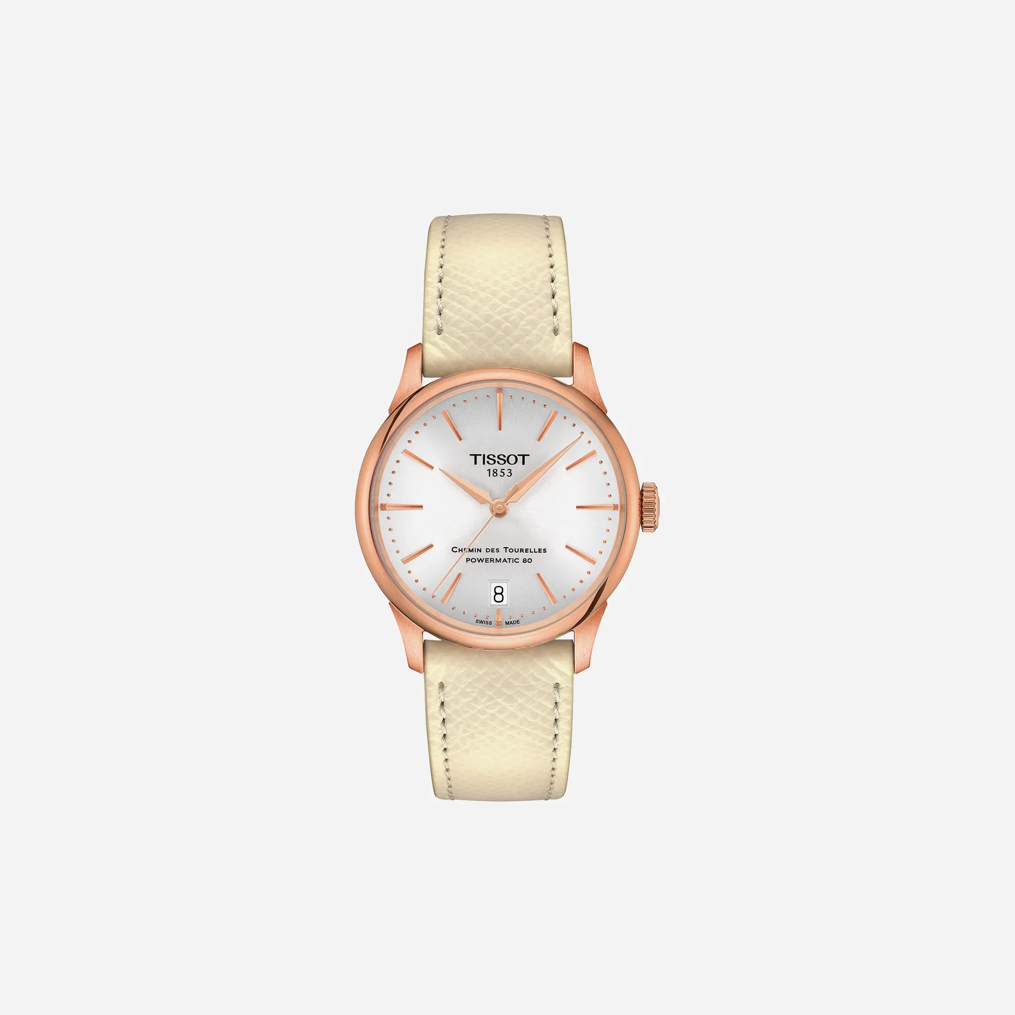 Tissot Chemin Des Tourelles Powermatic 80 34mm Alpha Dial Cream Leather Strap Watch WMNS