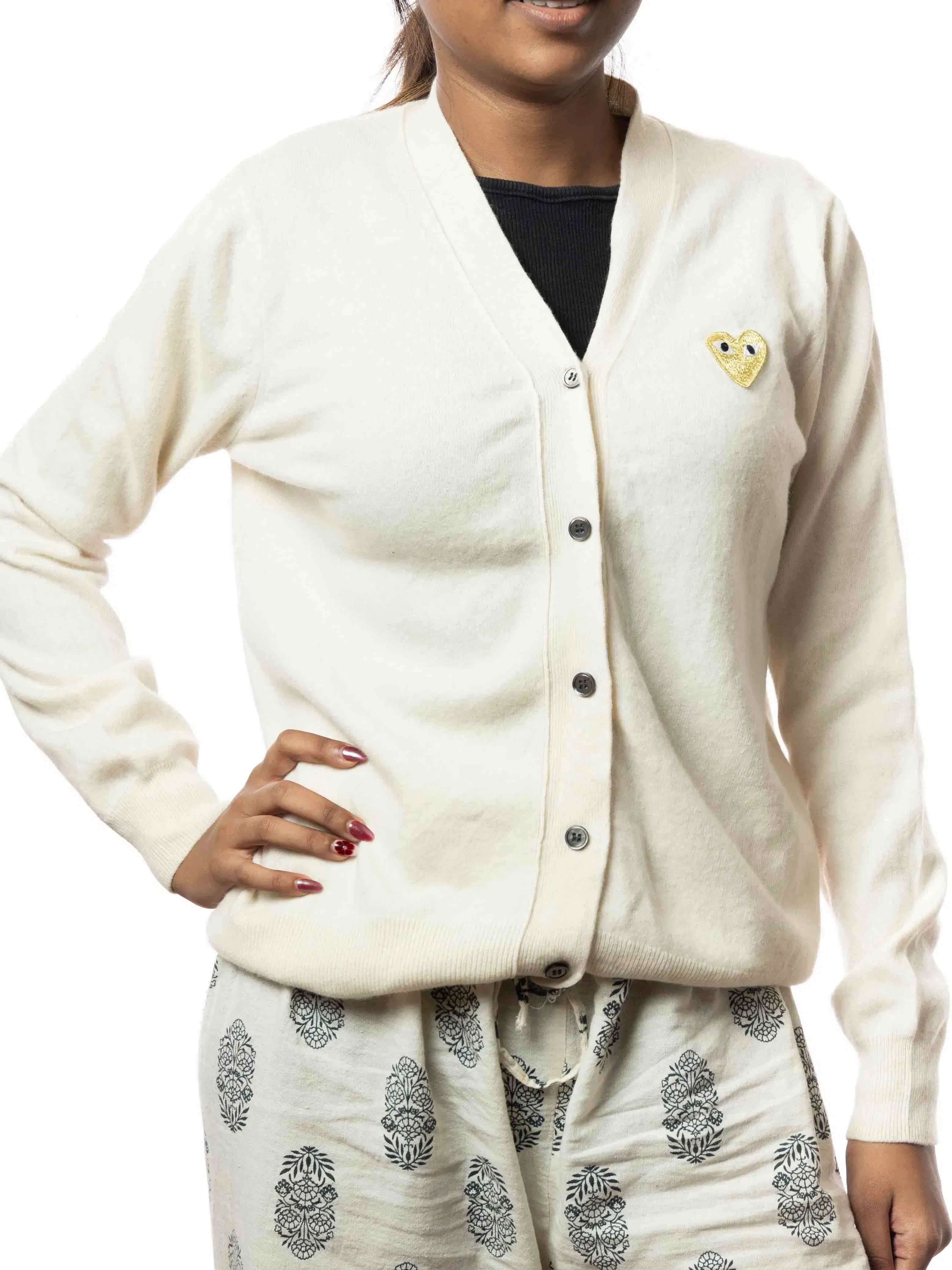 CDG Play Gold Heart Knit Cardigan Sweater Cream (S)