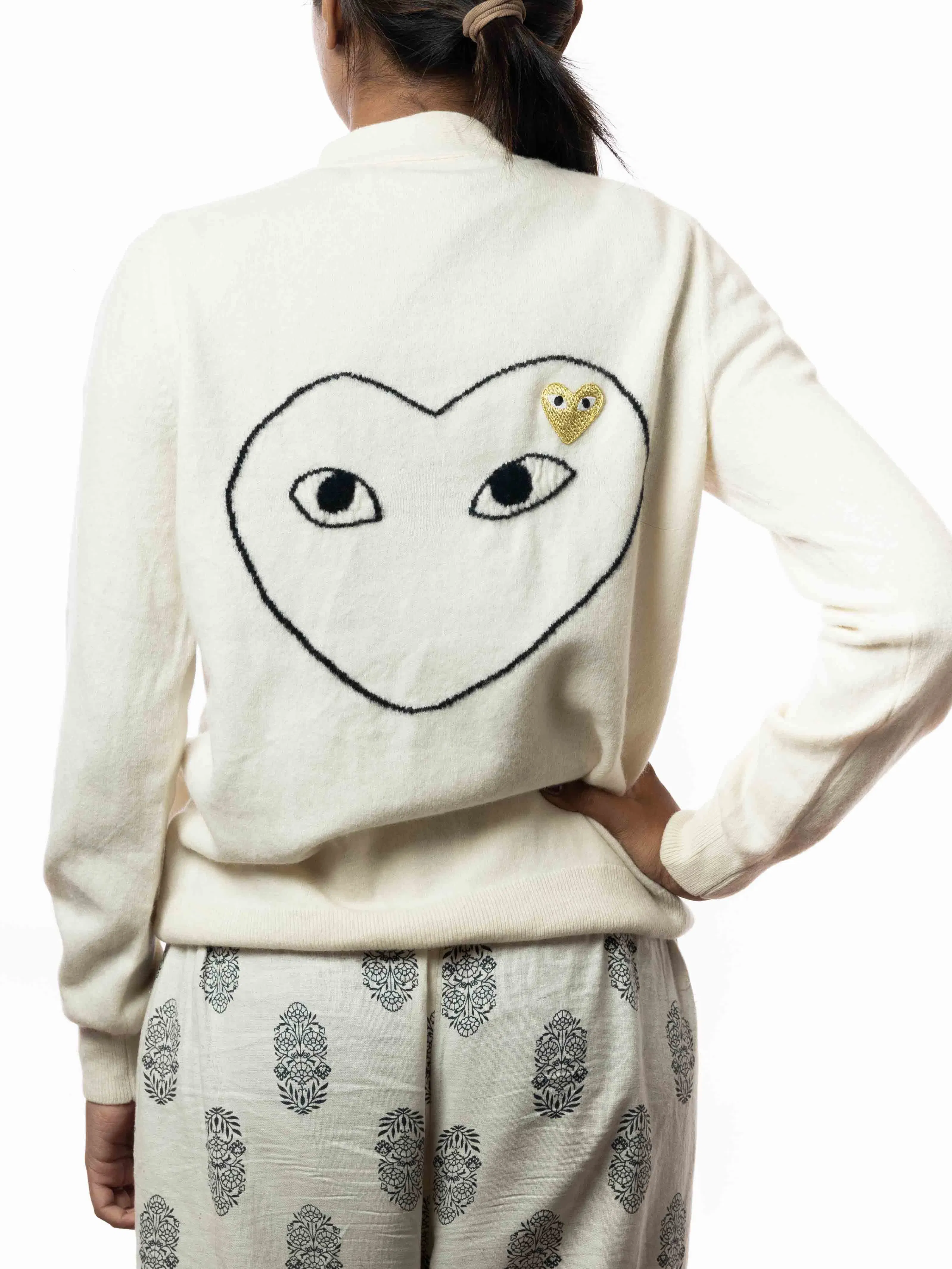 CDG Play Gold Heart Knit Cardigan Sweater Cream (S)