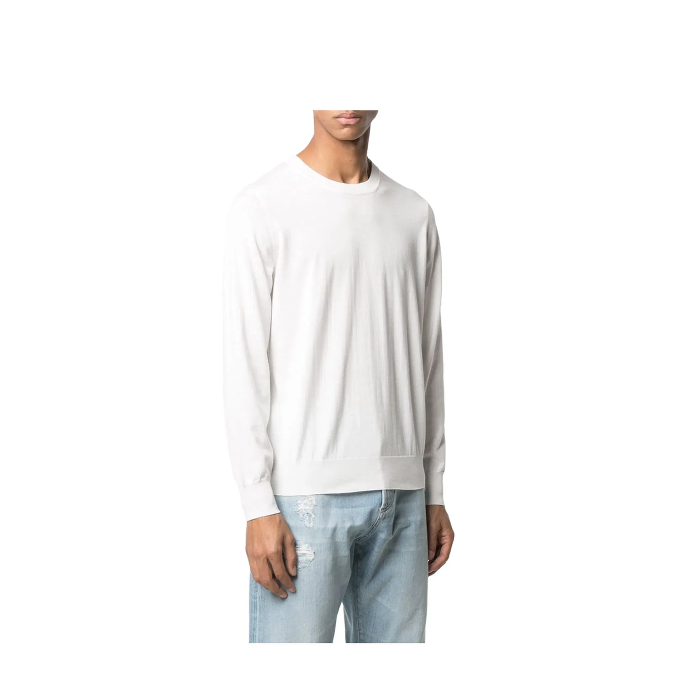 Men's Long Sleeves Cotton Crewneck - White