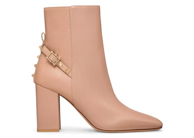 Valentino Rockstud Leather Block Heel Booties Rose (Women's)