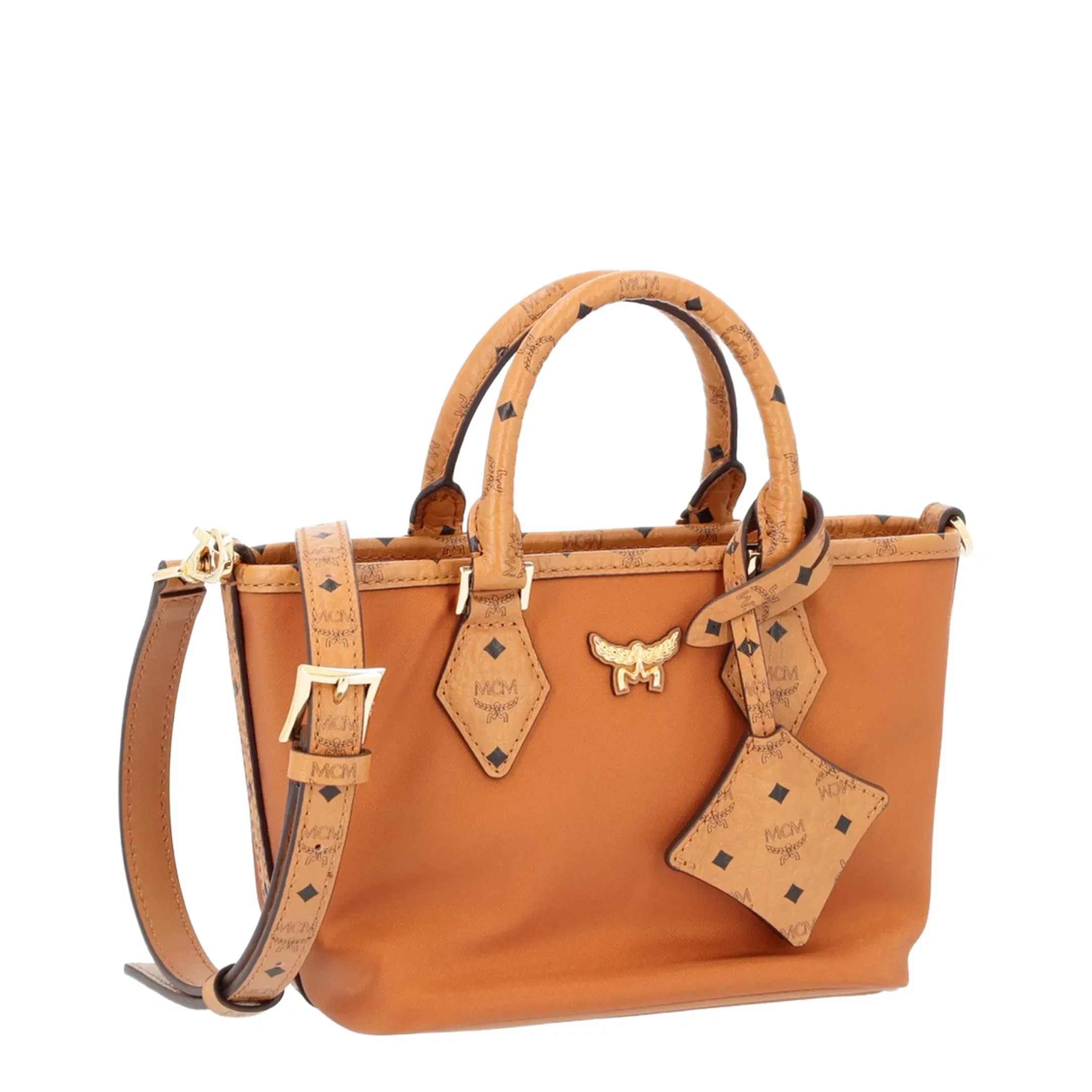 Aren Shopper in Recycled Nylon With Visetos Monogram Leather Trim - Cognac