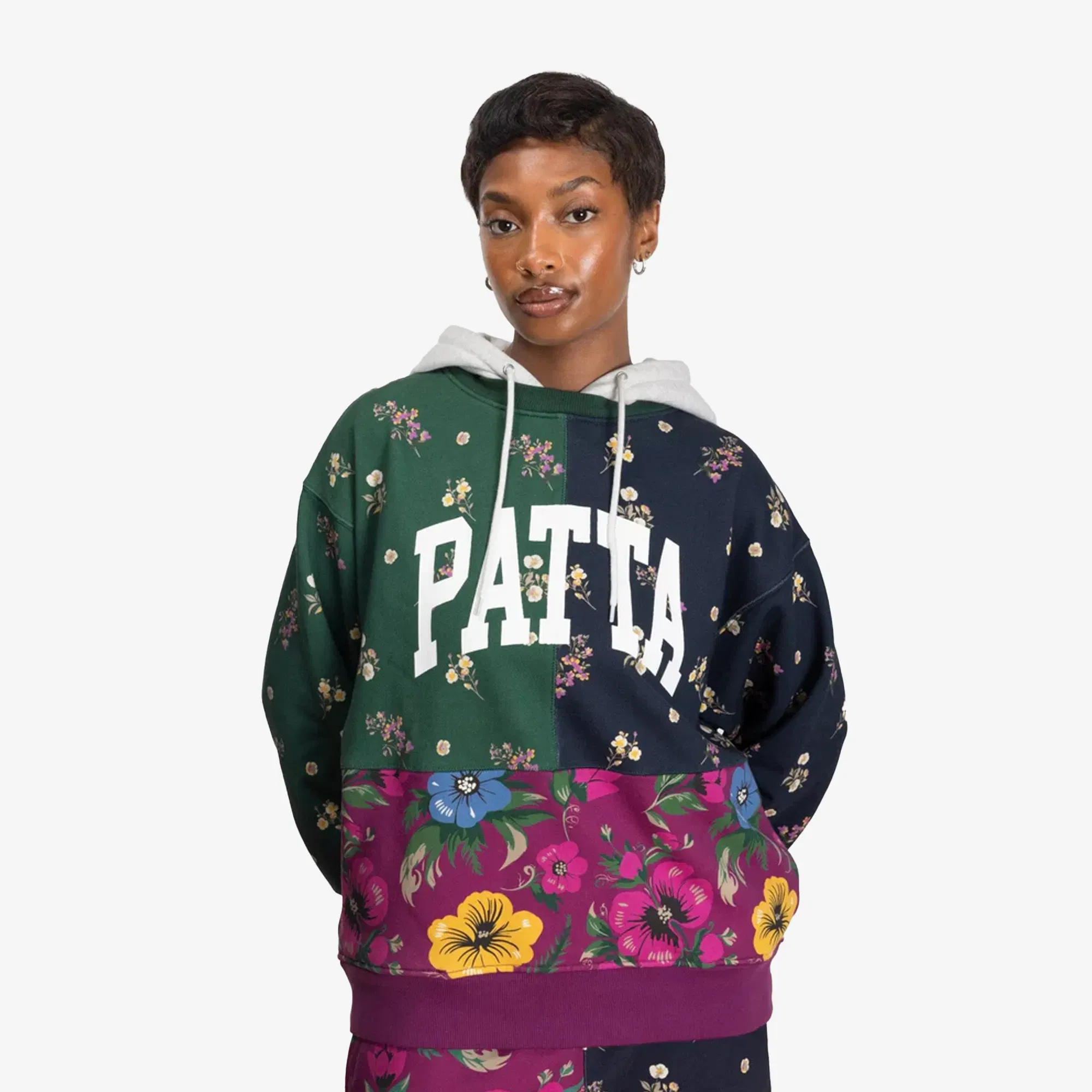 PATTA FLORAL PATCHWORK HOODED SWEATER { MULTI