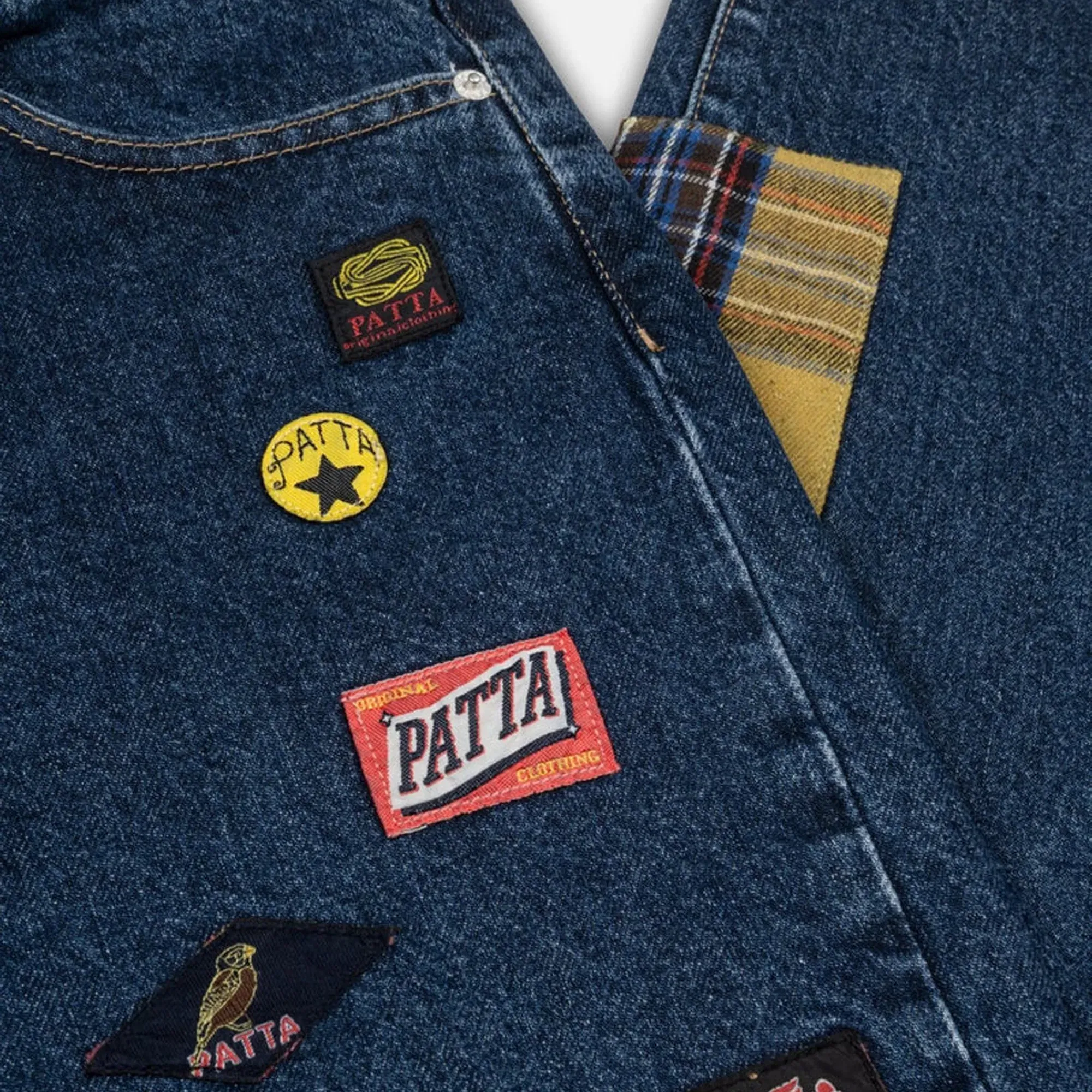 PATTA WHOLE LOTTA LABELS DENIM PANTS { BLUE DENIM