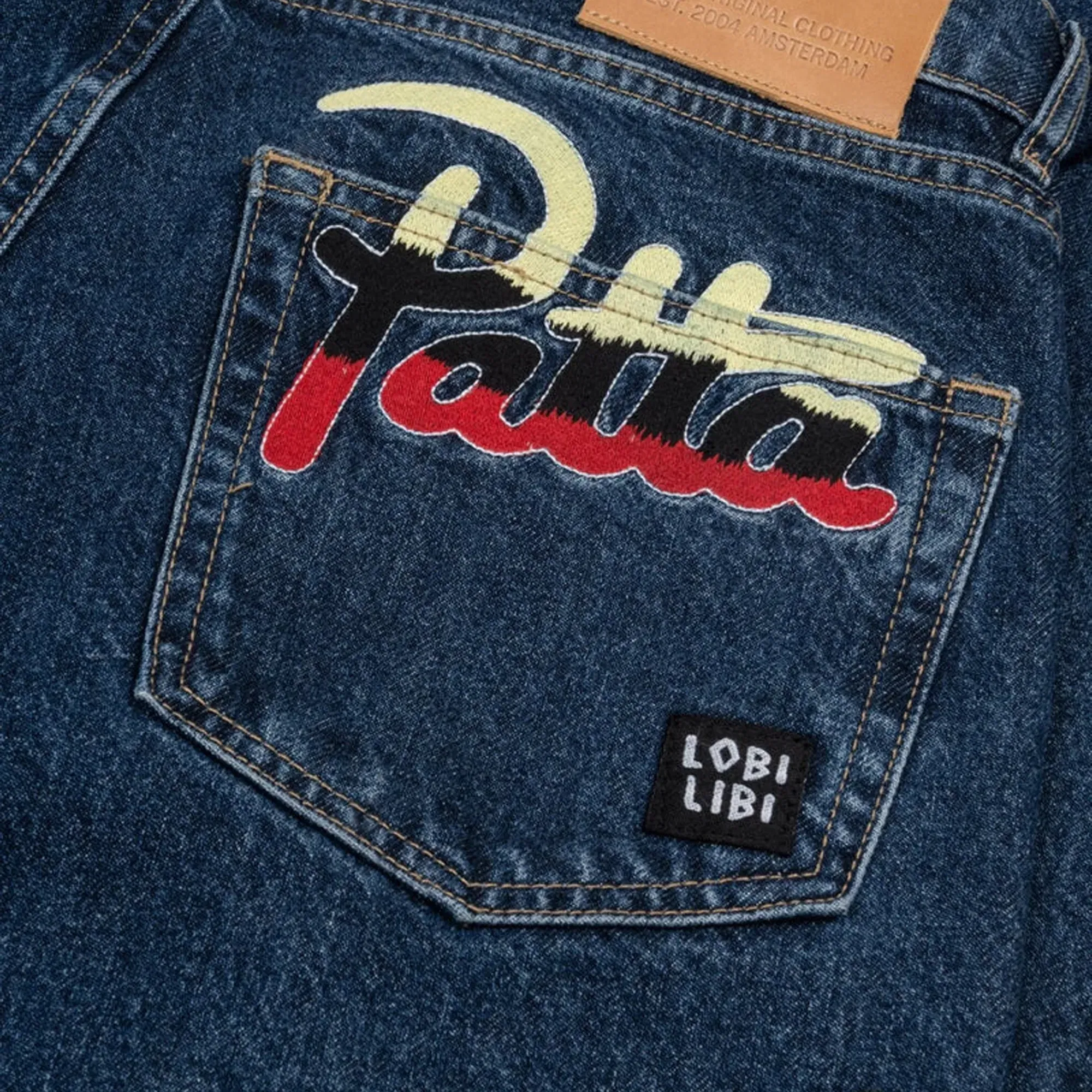 PATTA WHOLE LOTTA LABELS DENIM PANTS { BLUE DENIM