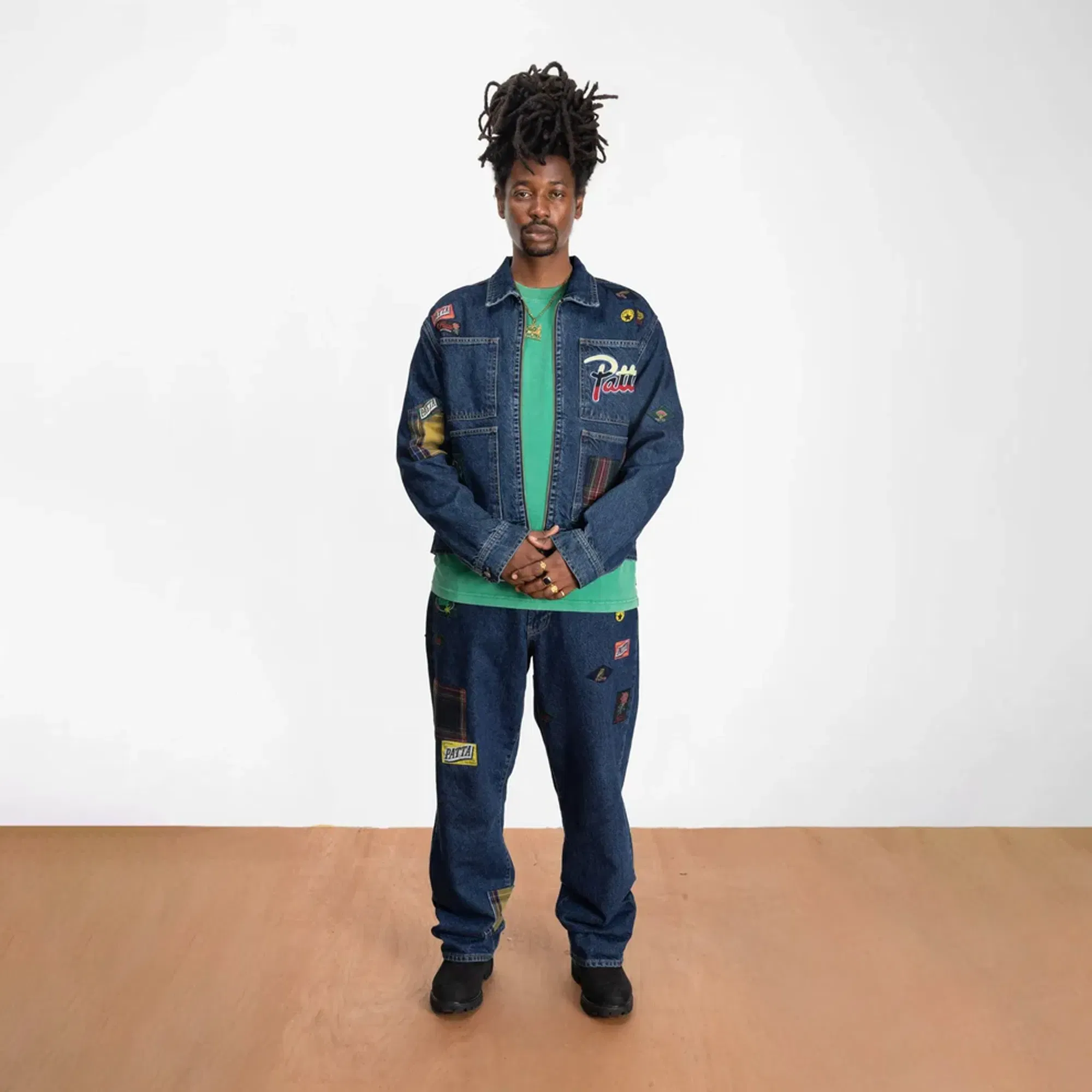PATTA WHOLE LOTTA LABELS DENIM PANTS { BLUE DENIM