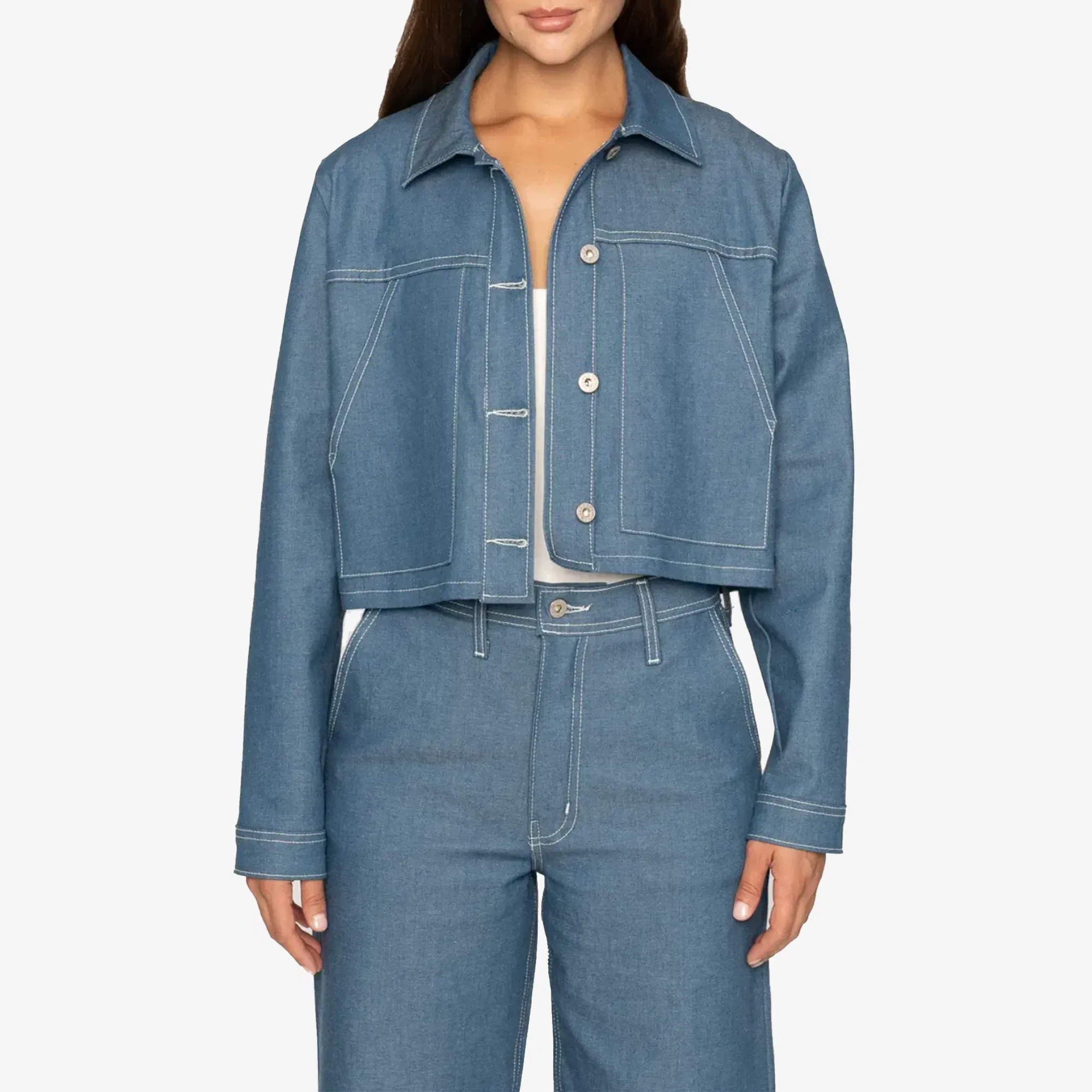 Naked & Famous CROPPED JACKET - ANTIQUE BLUE DENIM STRETCH { BLUE