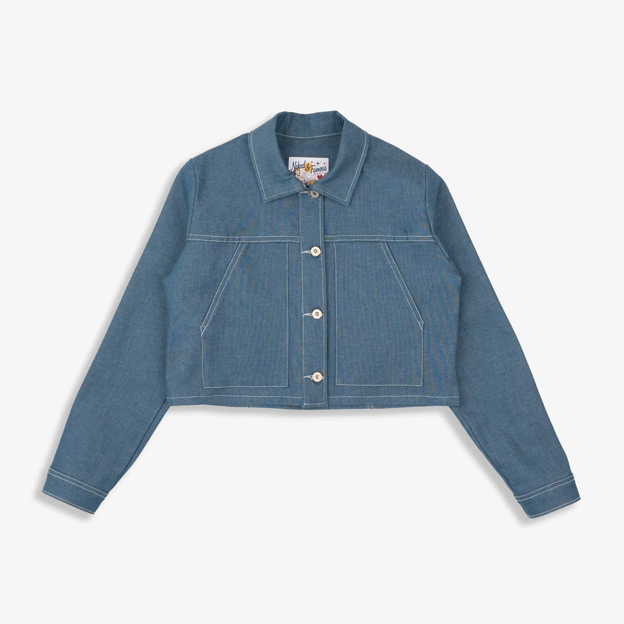 Naked & Famous CROPPED JACKET - ANTIQUE BLUE DENIM STRETCH { BLUE
