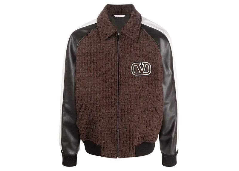 Valentino Tweed-Panel Bomber Jacket Brown