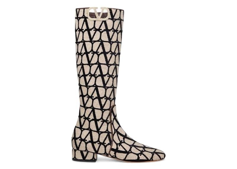 Valentino V'Logo Type Toile Iconographe Boots Beige Black (Women's)