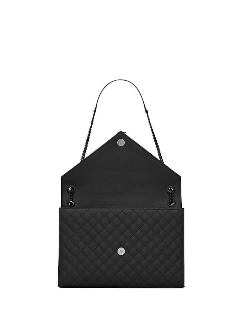 Saint Laurent Envelope Grain de Poudre Embossed Leather Mix Matelasse Large Black