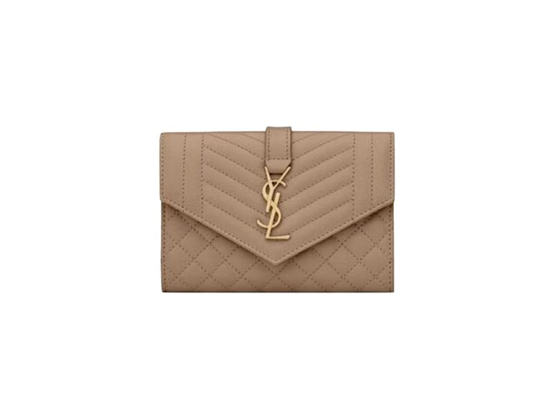 Saint Laurent Small Envelope Wallet In Mix Matlasse Grand de Purse Embossed Leather Dark Beige