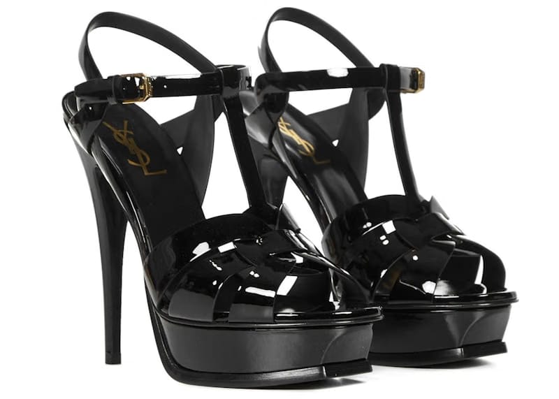 Saint Laurent Tribute Platform Sandal Heels Black Patent Leather