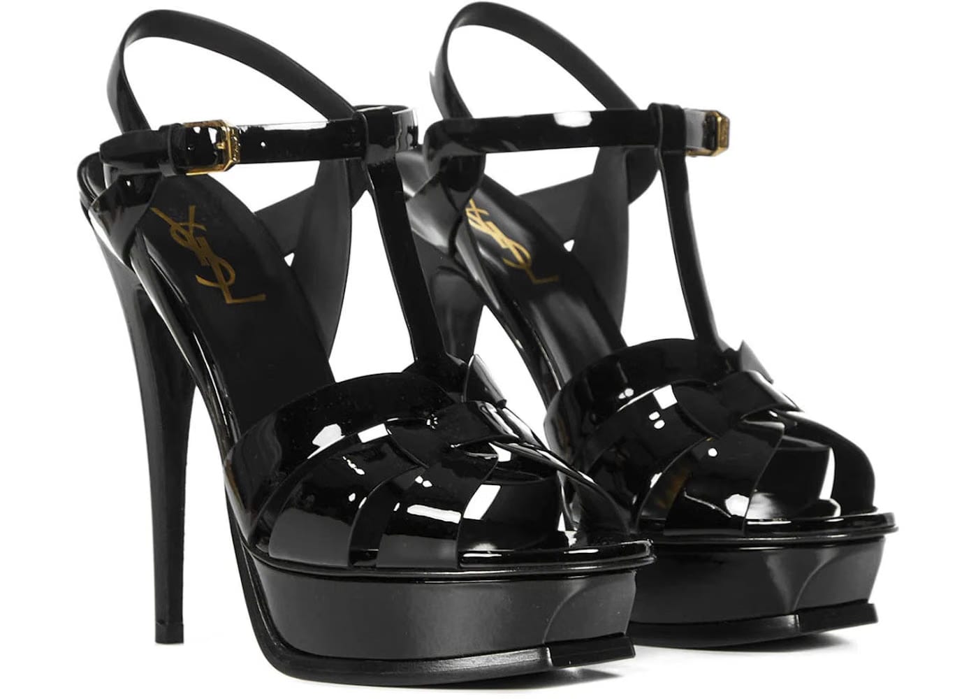Saint Laurent Tribute Platform Sandal Heels Black Patent Leather