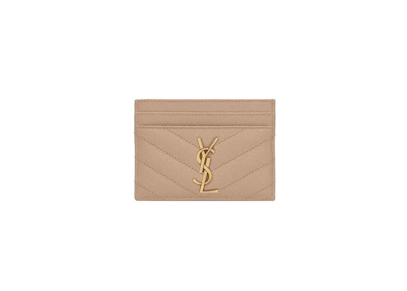 Saint Laurent Cassandre Matelasse Card Case in Grain De Poudre Embossed Leather Dark Beige