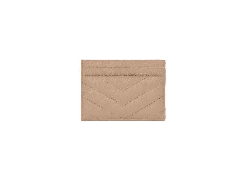 Saint Laurent Cassandre Matelasse Card Case in Grain De Poudre Embossed Leather Dark Beige