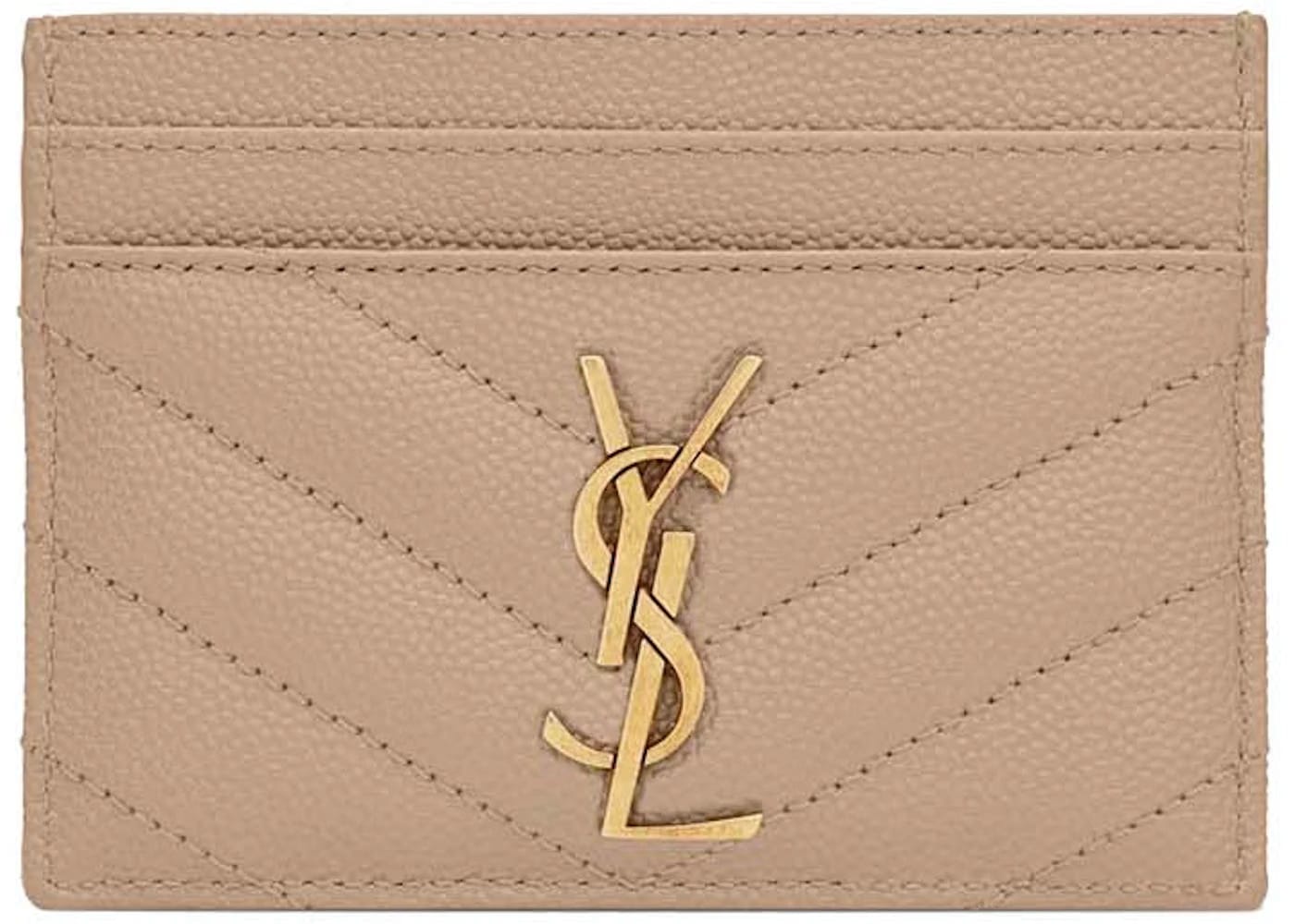 Saint Laurent Cassandre Matelasse Card Case in Grain De Poudre Embossed Leather Dark Beige