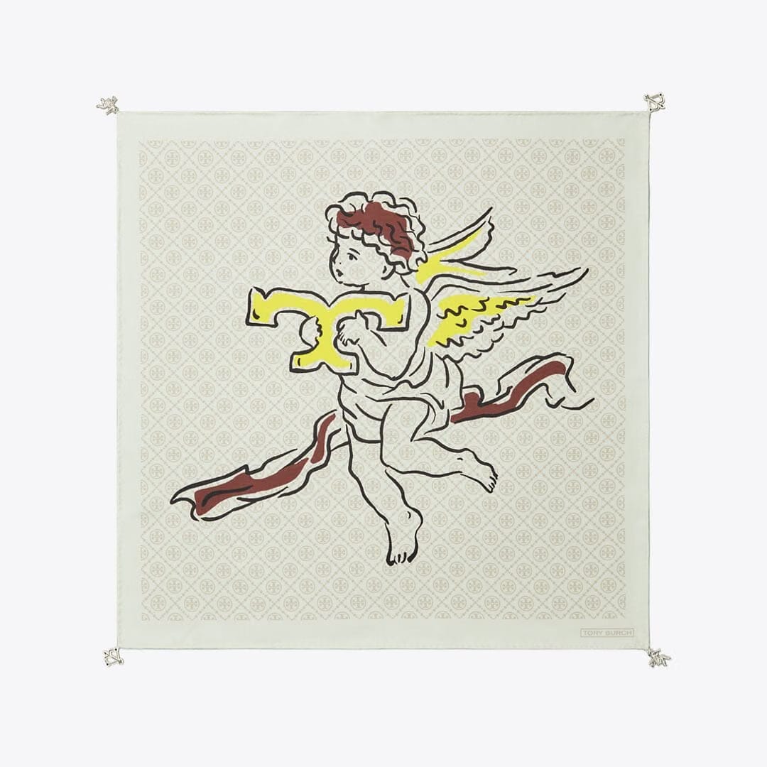 Tory Burch T Monogram Cherub Silk Neckerchief Beige Cherubs