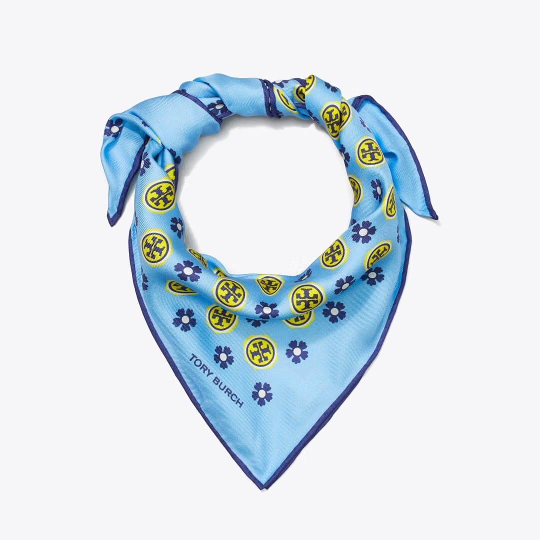 Tory Burch Floral Logo Triangle Scarf Light Blue Floral Logo