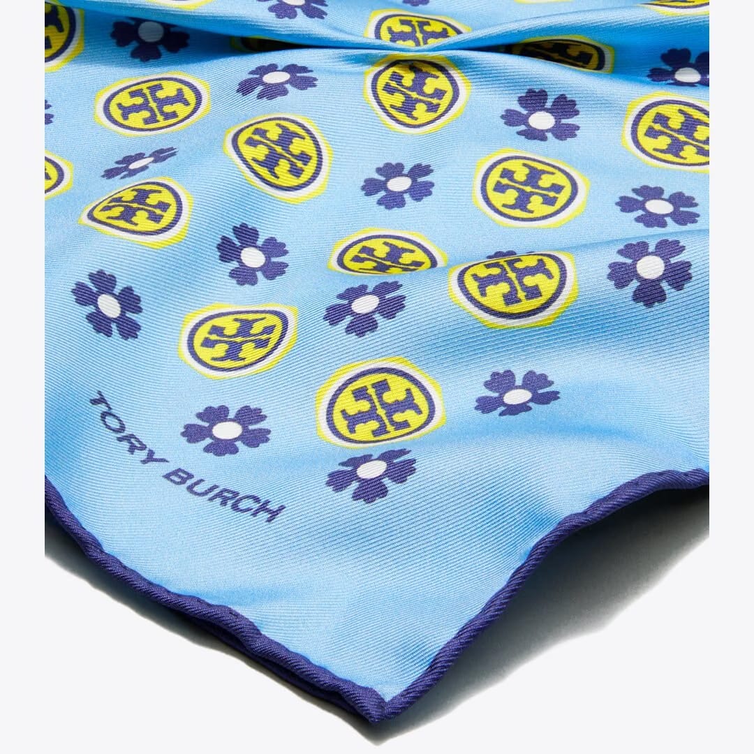 Tory Burch Floral Logo Triangle Scarf Light Blue Floral Logo