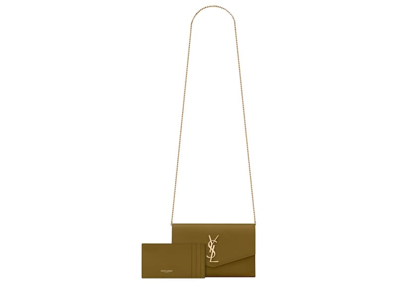Saint Laurent Uptown Chain Wallet Grain De Poudre Olive Green