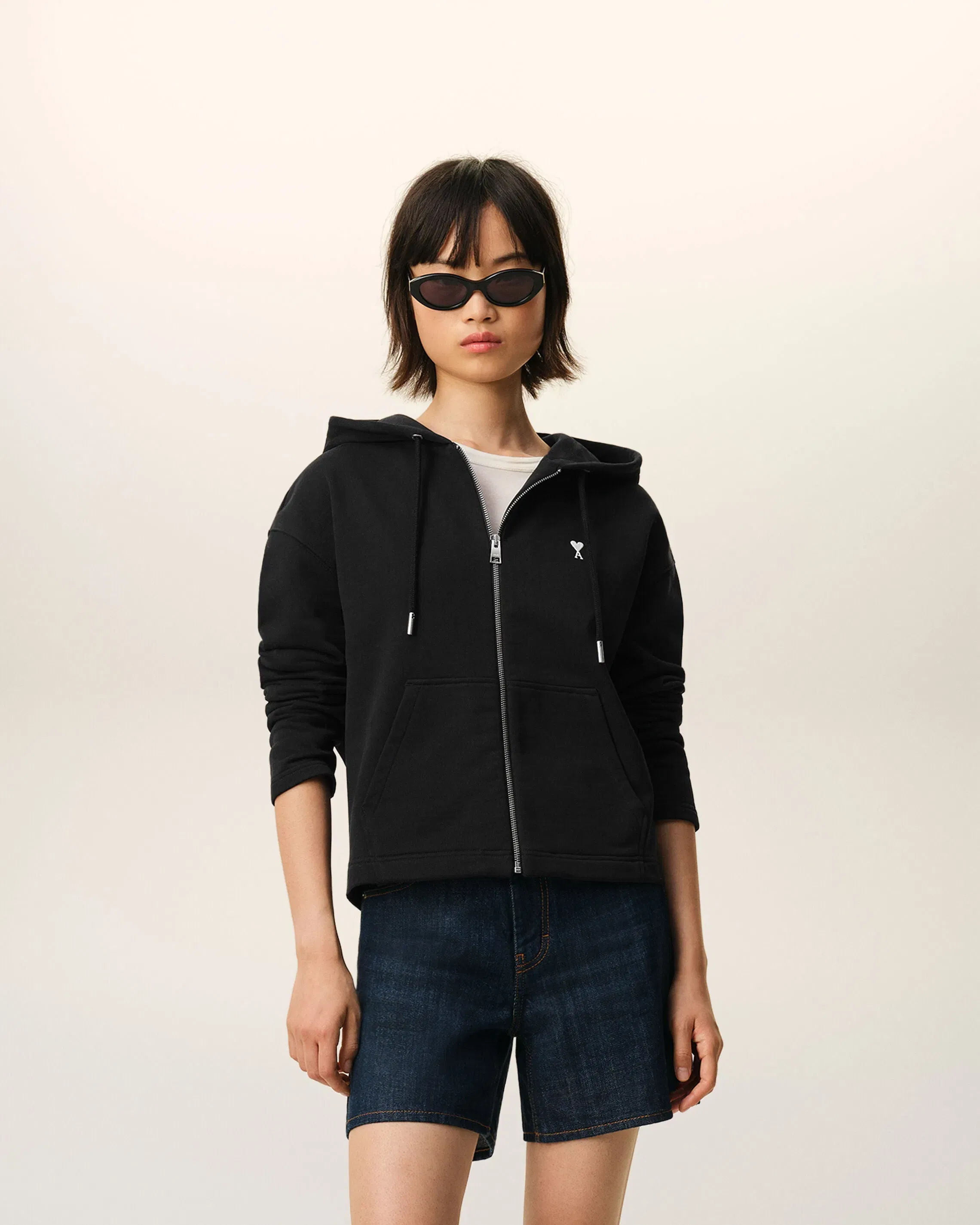 Black Cotton Ami De Coeur Zipped Hoodie Women's