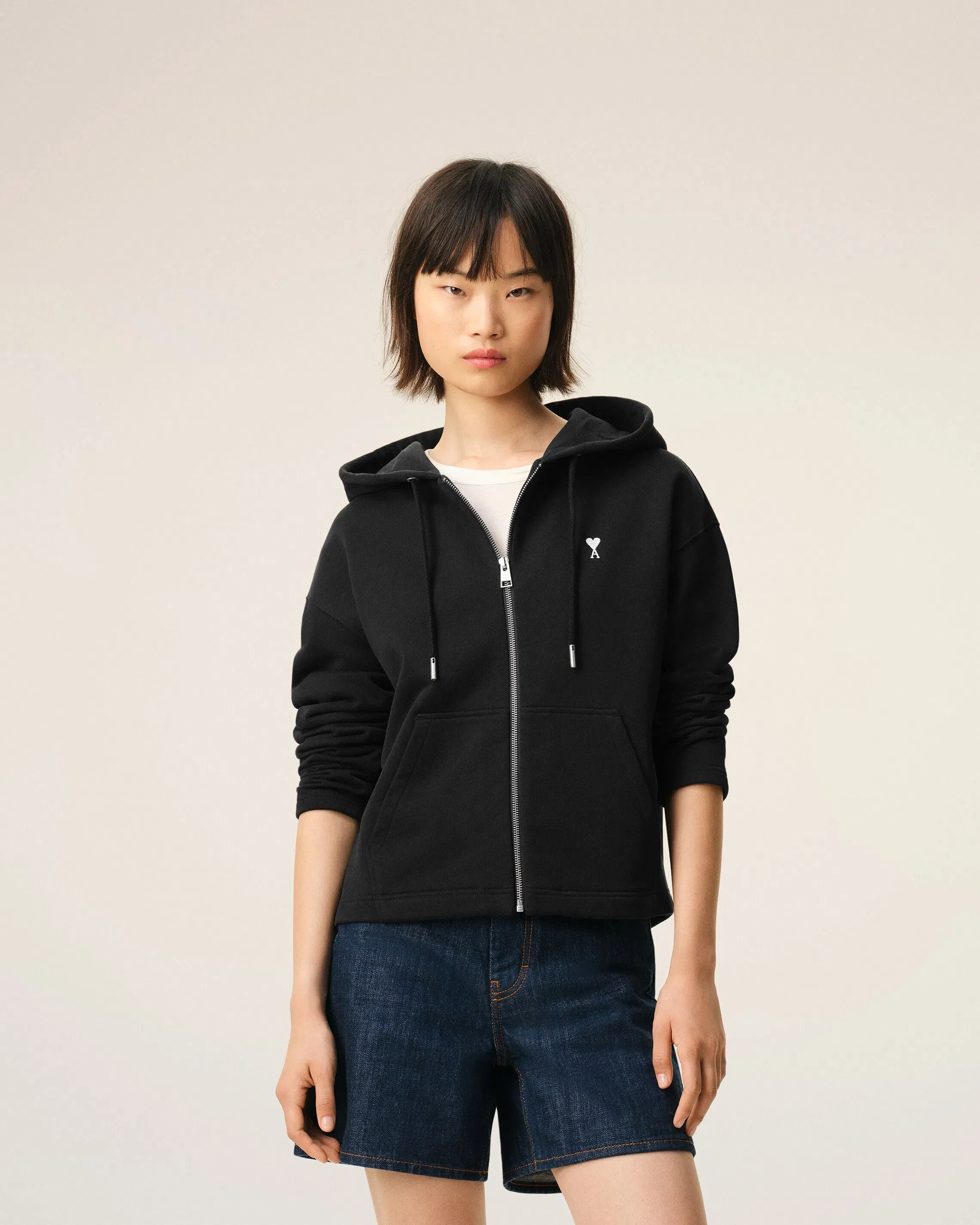 Black Cotton Ami De Coeur Zipped Hoodie Women's