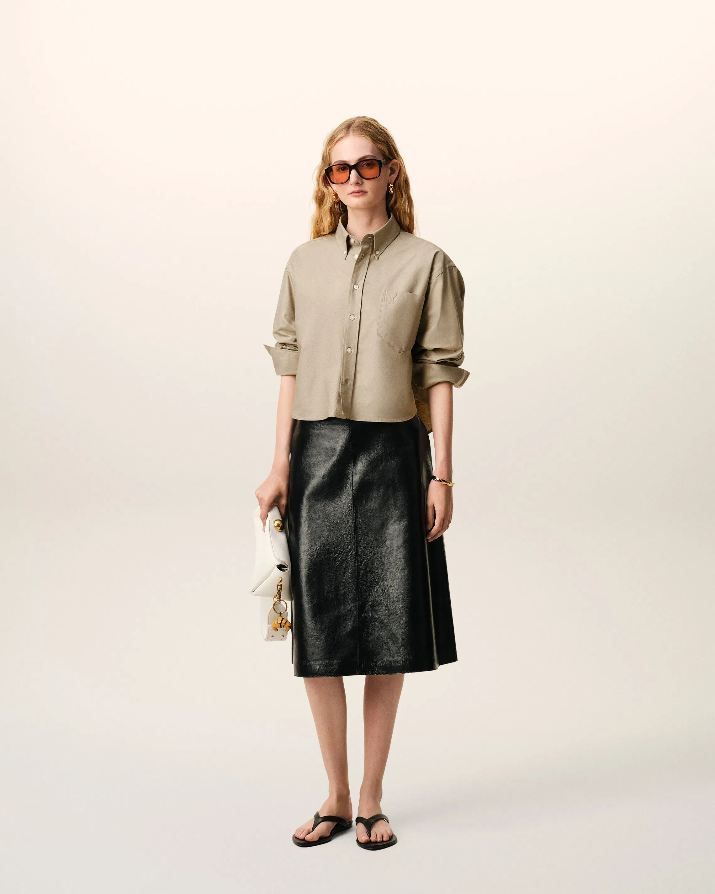 Beige Cotton Cropped Embossed Ami De Coeur Shirt Women's